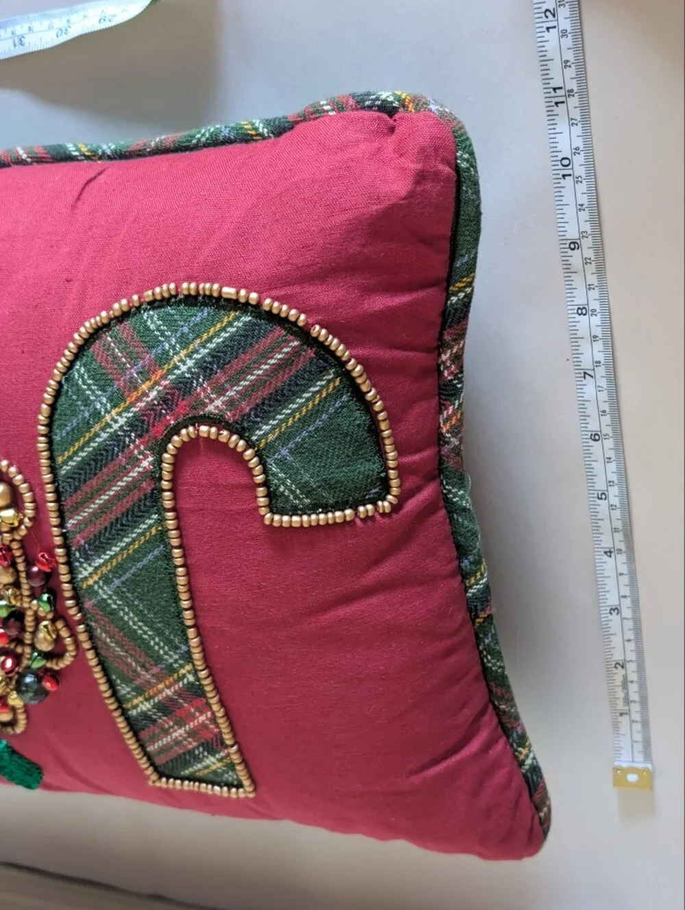 Vintage Pier 1 Beaded and Jingle Bells Plaid JOY Christmas Pillow Holiday Bow
